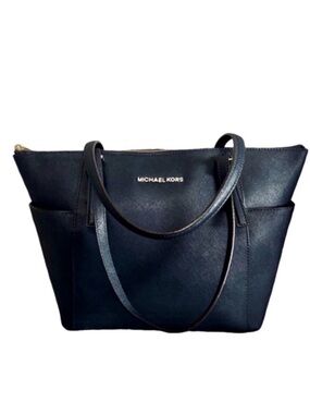 Michael Kors Top Zip Shoulder Bag Double Straps Large Tote Purse Navy Blue Gold